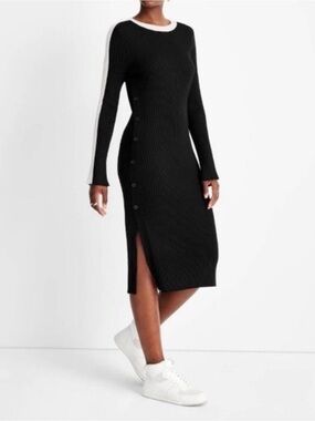 Black Ribbed Knit Midi Dress with Contrast White Trim